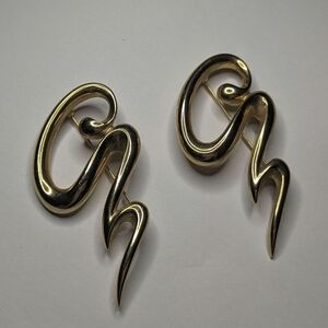 Vintage Pair of Midcentury Squiggle Line Golden Tone Brooches Unsigned 3"